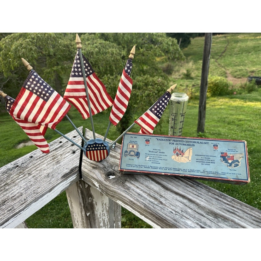 DETTRA ANTIQUE 48 STAR FLAG SET FOR AUTOMOBILES in ORIGINAL BOX Radiator Mount